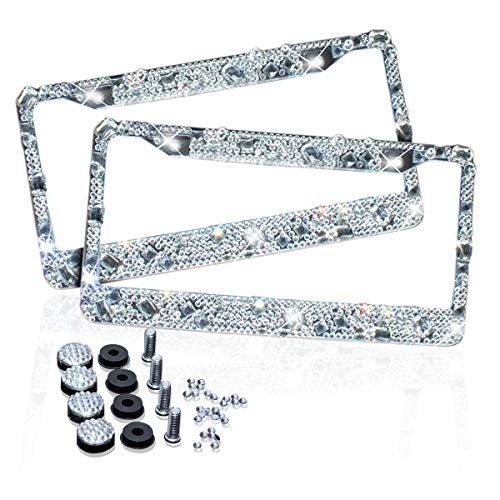 Black Bling License Plate Frame for Women Over 1200 pcs 14 Facets Bedazzled Clear Glass Diamond Rhinestone Crystals w/Free Glitter Diamond 1PCS Box Sparkly Stainless Steel License Plate Frames 