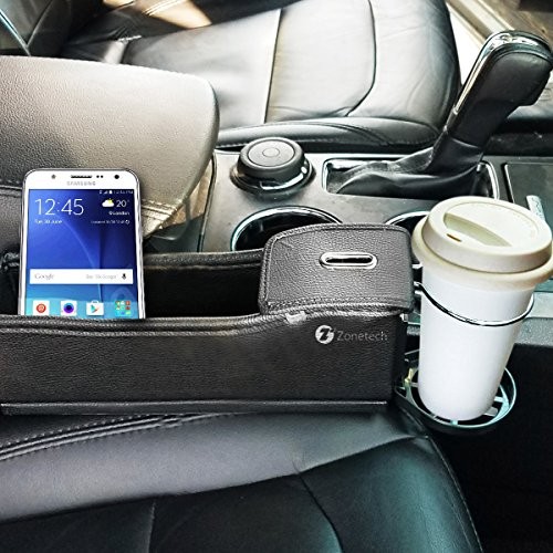 Zone Tech Driver and Passenger Side Pocket Organizer - Classic Black Premium Quality Coin Side Pocket with Cup Holder Organizer