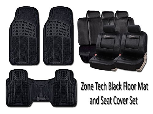 Black PU Leather Full Seat Cover Set+ Black All Weather Full Rubber Trimable Floor Mat- 3 Piece
