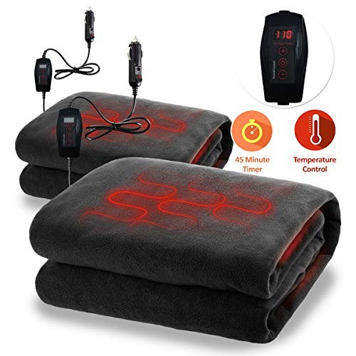 Zone Tech Cooling Car Heated Travel Blanket – 2-Pack Classic Black Premium Quality 12V Automotive Comfortable Heating Car Seat Blanket for Cold Weather