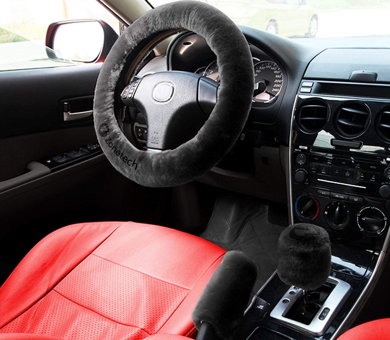 Black Sheepskin Steering Wheel Cover+ Emergency Brake Cover+ Clutch Cover