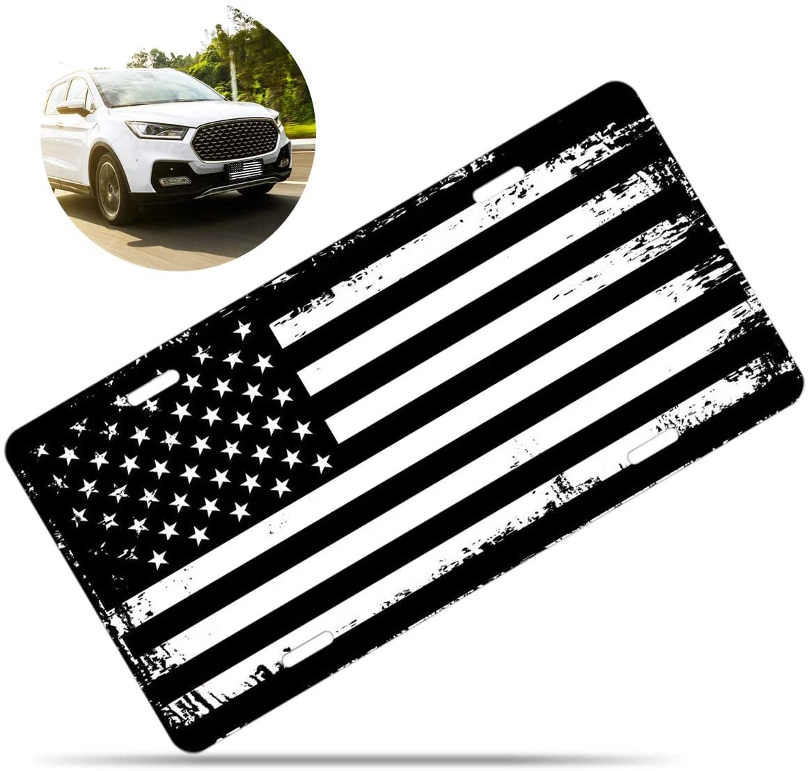 Zone Tech Tactical USA Flag License Plate - Black and White Grunge Premium Quality Thick Durable Novelty American Patriotic Pledge of Allegiance