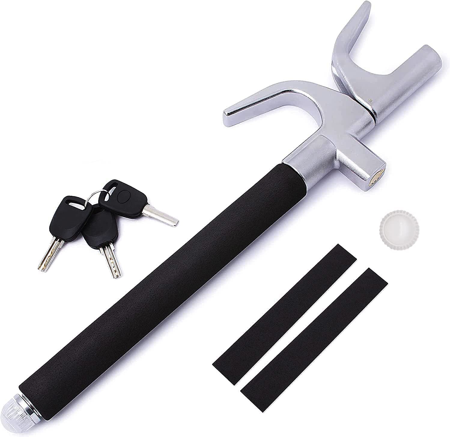  Zone Tech Anti-Theft Car Steering Wheel Lock - Premium Quality Vehicle Universal Fit Adjustable Length Clamp Double Hook Retractable Steering Lock with Escape Hammer Window Breaker & 3 Keys – Car Truck