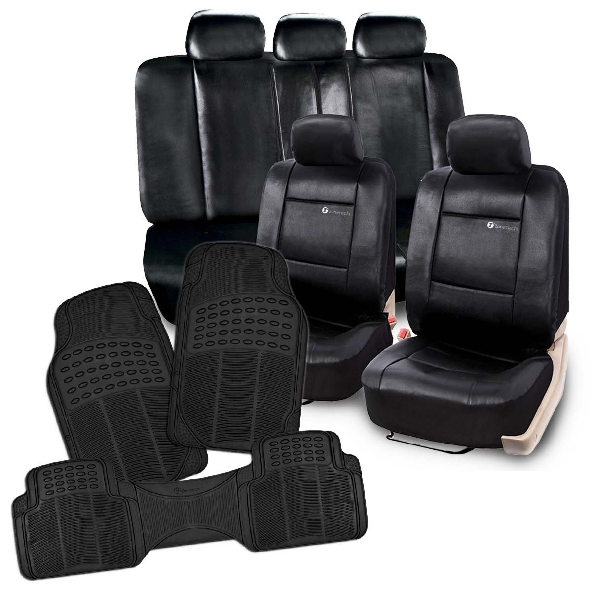 Black PU Leather Full Seat Cover Set+ Black All Weather Full Rubber Trimable Floor Mat- 4 Piece