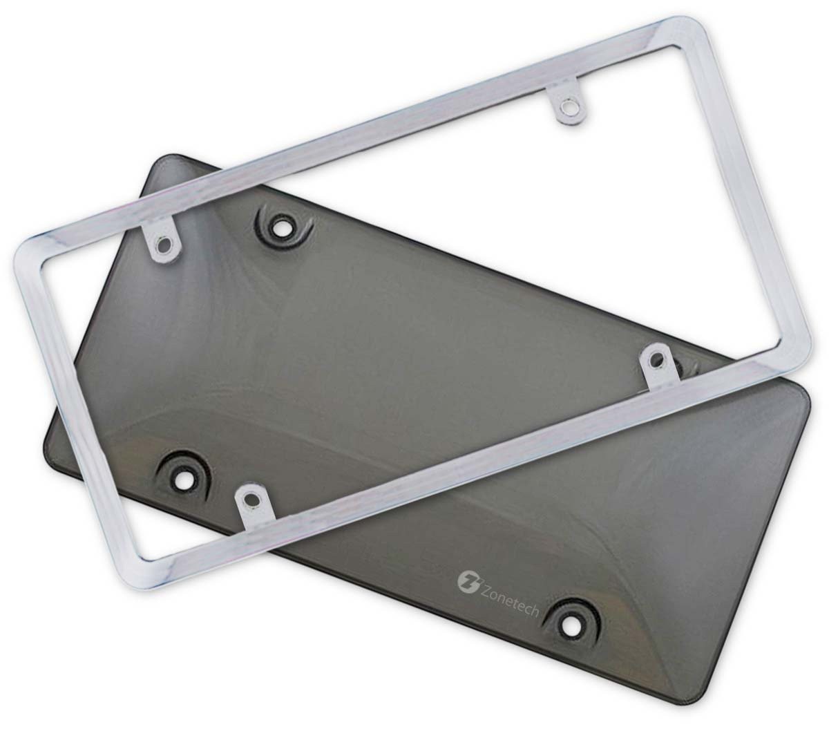 Zone Tech Clear License Plate Shield Combo - Premium Quality License Plate Clear Smoked Gray Bubble Shield and Chrome Frame Bracket