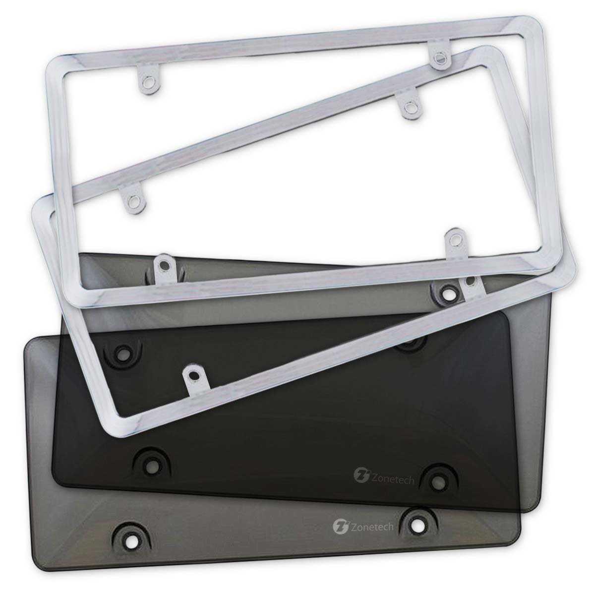 Zone Tech Clear Smoked Gray License Plate Shield Combo - 2-Pack Premium Quality License Plate Clear Smoked Gray Bubble Shield and Chrome Frame Bracket
