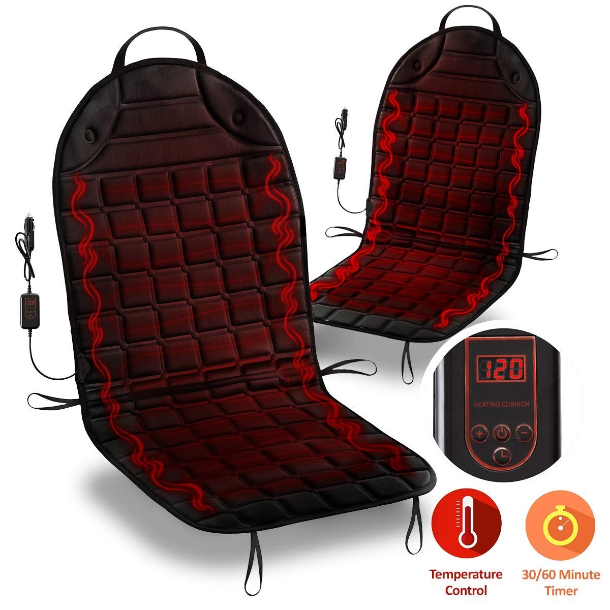 Black 12V High/ Low Temperature Control Heated Seat Cushion- Set of 2