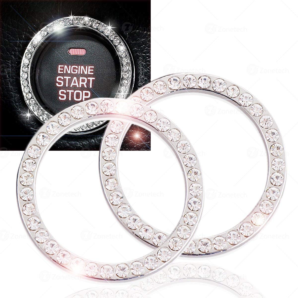 2 PCS Crystal Rhinestone Car Engine Start Stop Decoration Ring,Bling Car Accessories for Women Key Ignition Starter & Knob Bling Ring Push to Start Button Red 