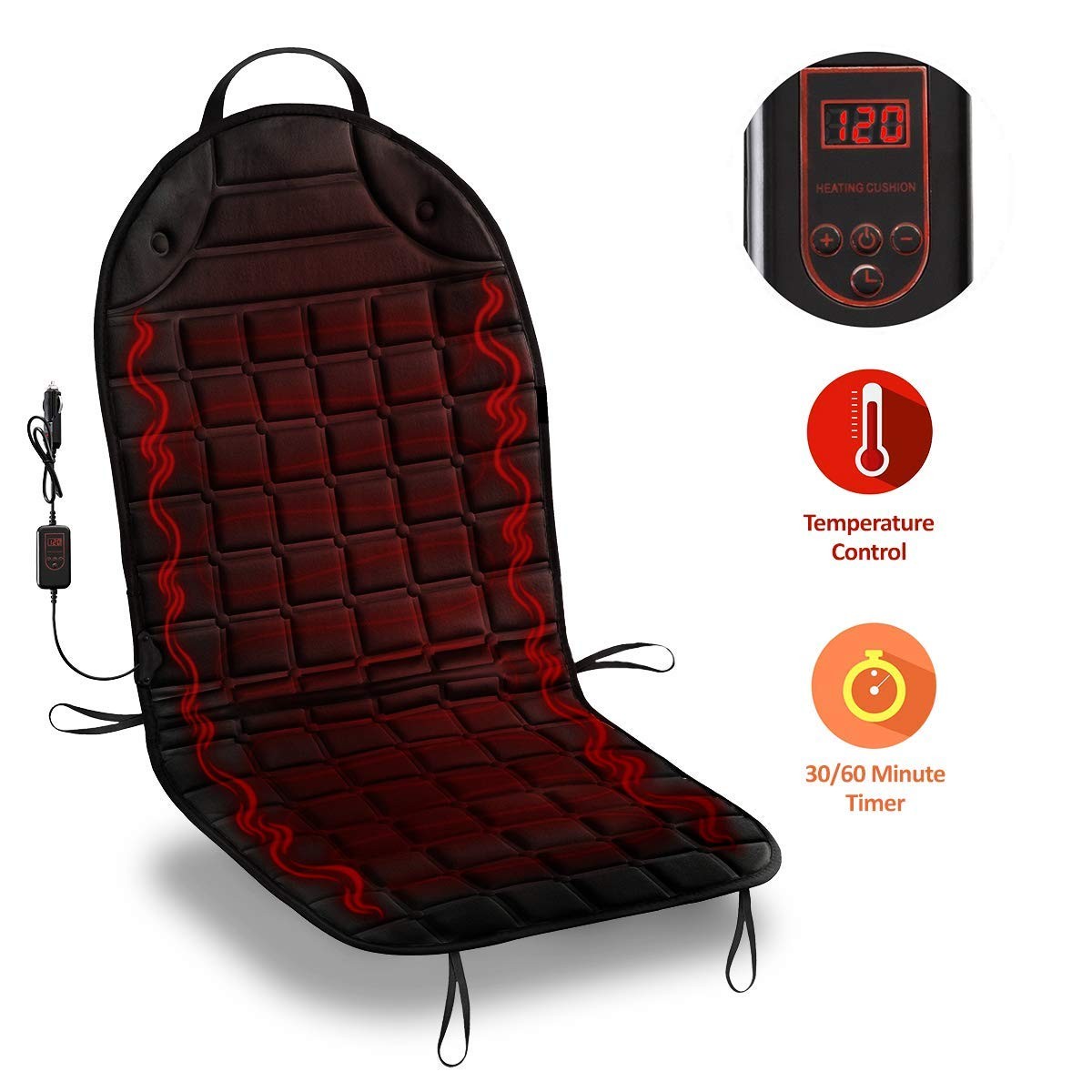 Black 12V High/ Low Temperature Control Heated Full Seat Cushion