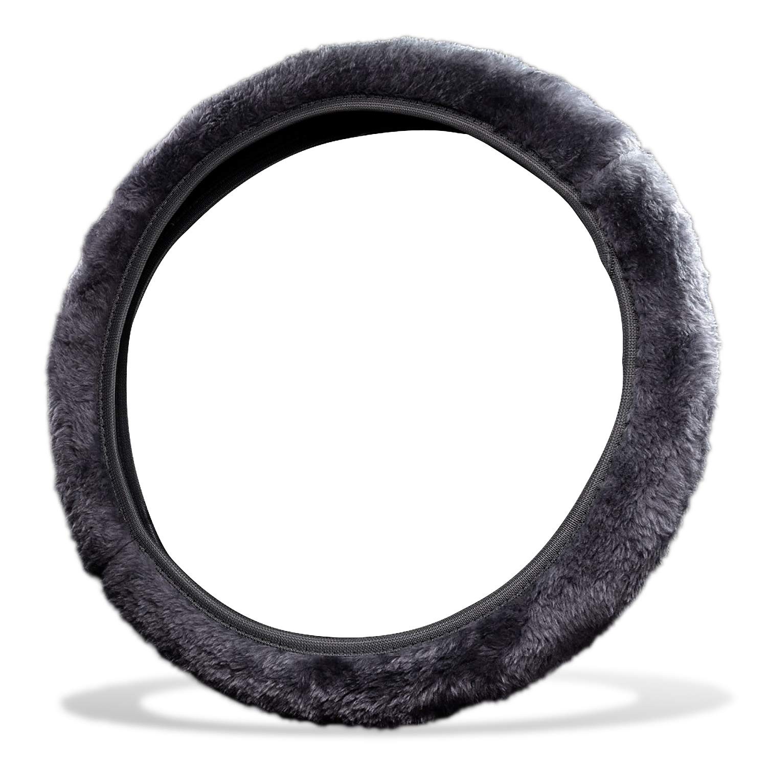 Gray Stretch On Faux Sheepskin Steering Wheel Cover