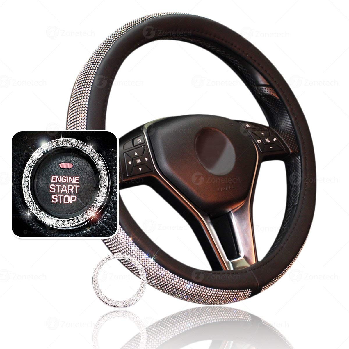 Zone Tech Shiny Bling Car Accessory Set - Premium Quality Cystal Steering Wheel Cover with PU Leather Backing & Cystal Bling Car Accessory for Auto Start Engine Ignition Button Key and Knobs