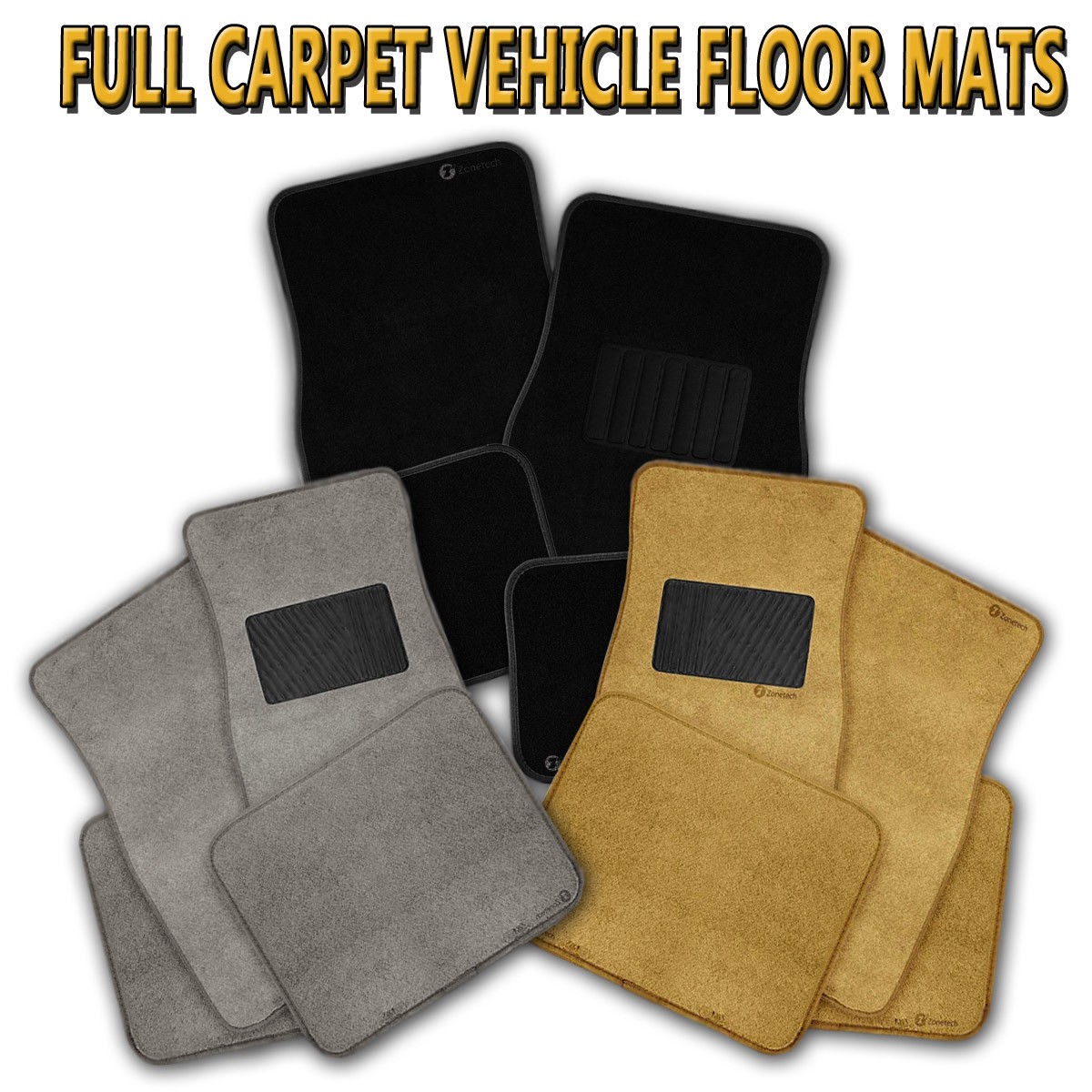 Zone Tech Black Beige Gray Carpet Car Auto Floor Mats Utility Pads 4 Piece Set