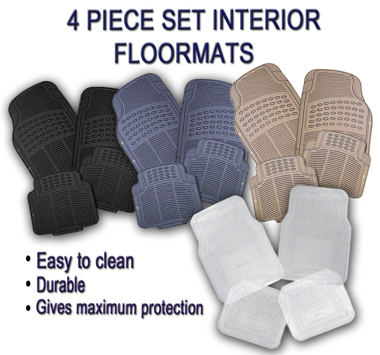 Zone Tech 4Pc Black, Clear, Gray, Rubber All Weather Car Floor Liner Mats