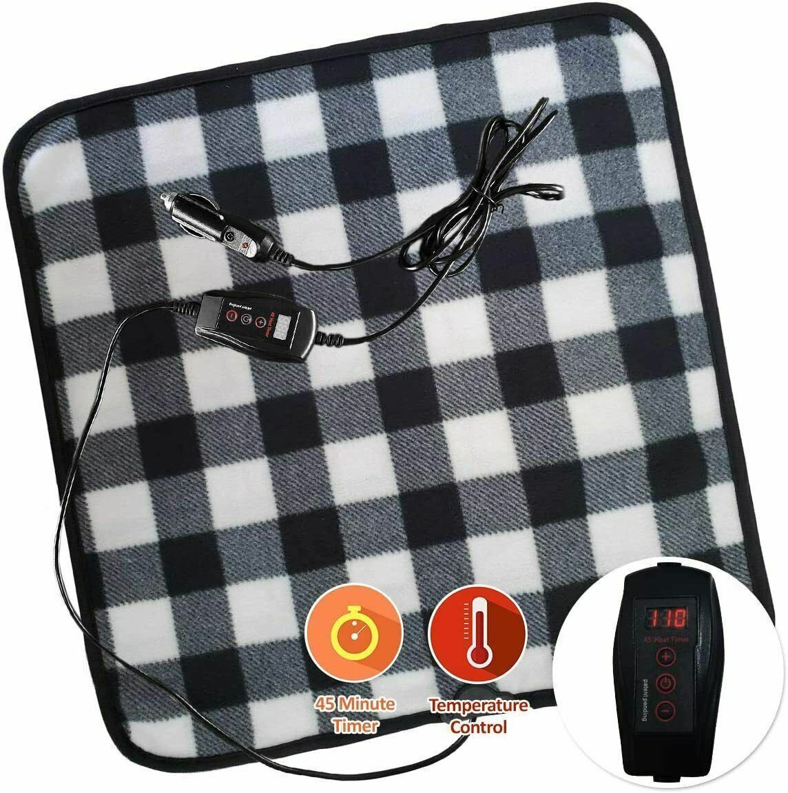 Zone Tech Car Electric Mini Heated Travel Blanket Pad Fleece Black Buffalo Plaid