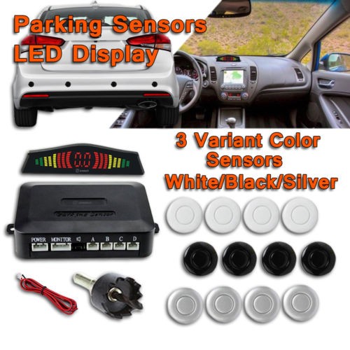 Zone Tech Black Parking 4 Backup Reverse Sensors Kit Display Alarm Silver White
