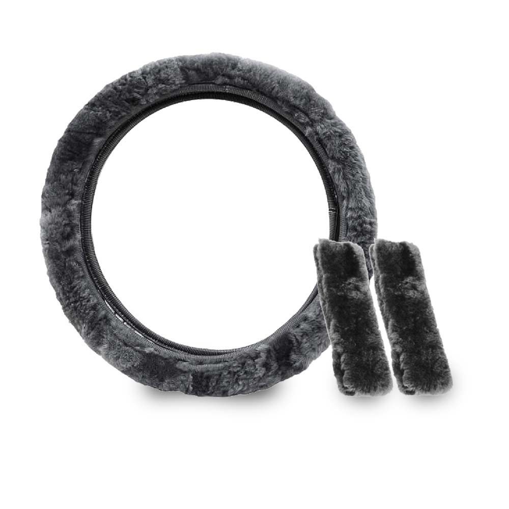  Gray Stretch On Faux Sheepskin Steering Wheel Cover+ Gray Sheepskin Seat Belt Cover- Set of 2