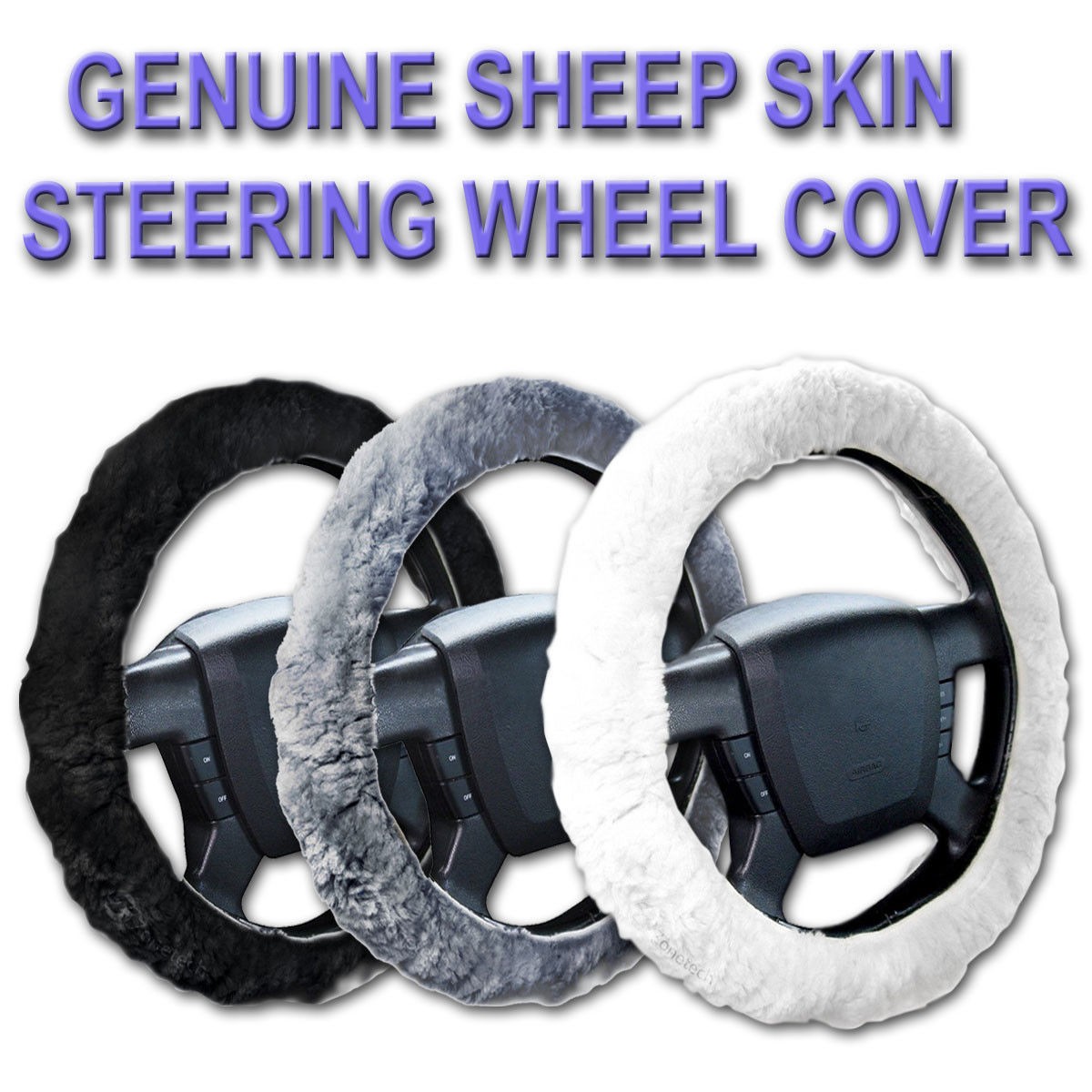 Zone Tech Plush Genuine Sheepskin Steering Wheel Cover Black, Gray, White SlipOn