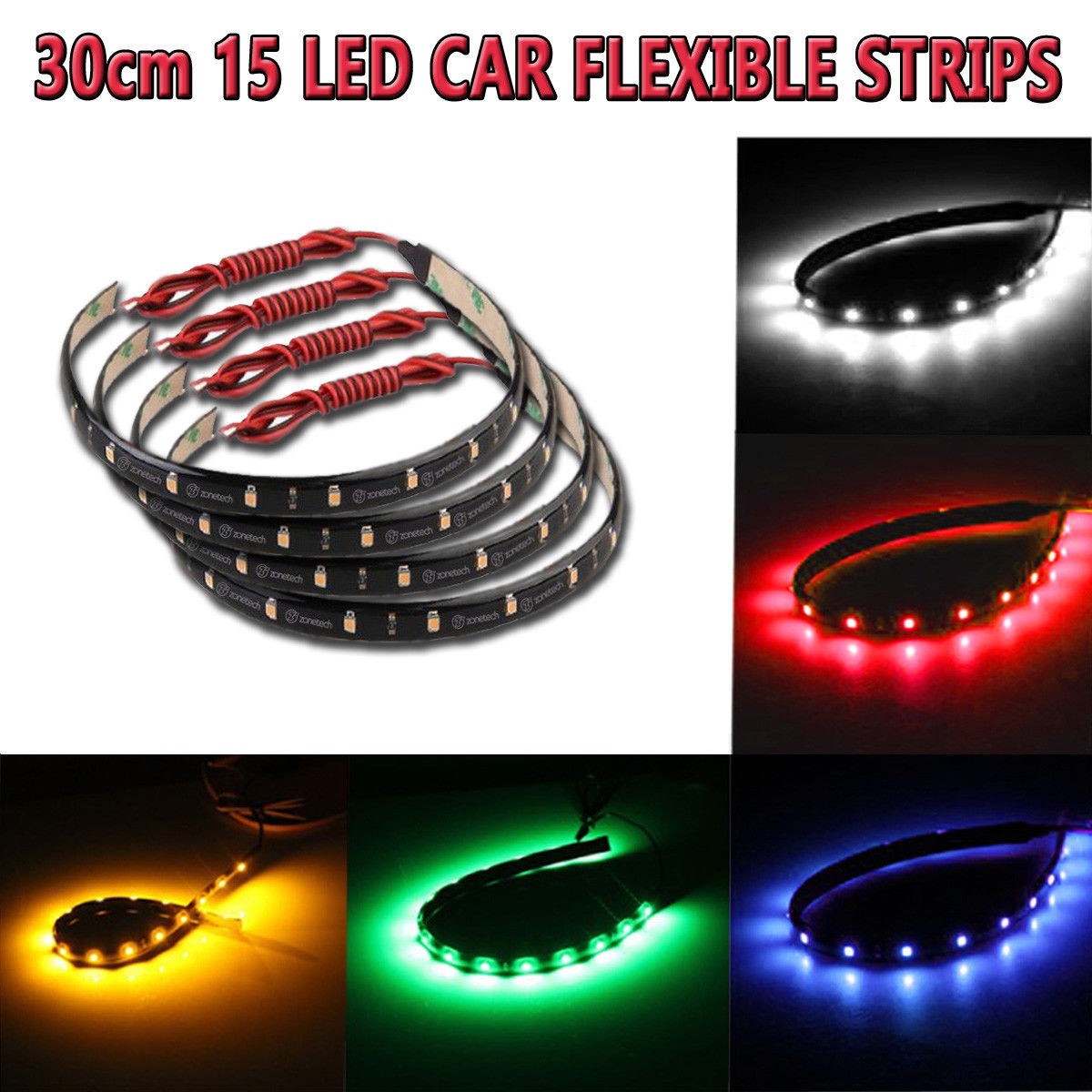 4x 30cm 15 LED Flexible Waterproof Lighting Strips Blue Red Yellow White Green