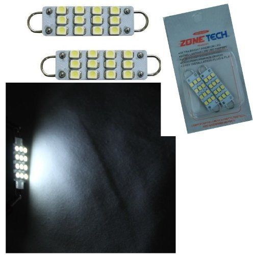 Zone Tech 2x White LED Interior Bulbs 12 SMD Festoon Lights 42mm-44mm Rigid Loop