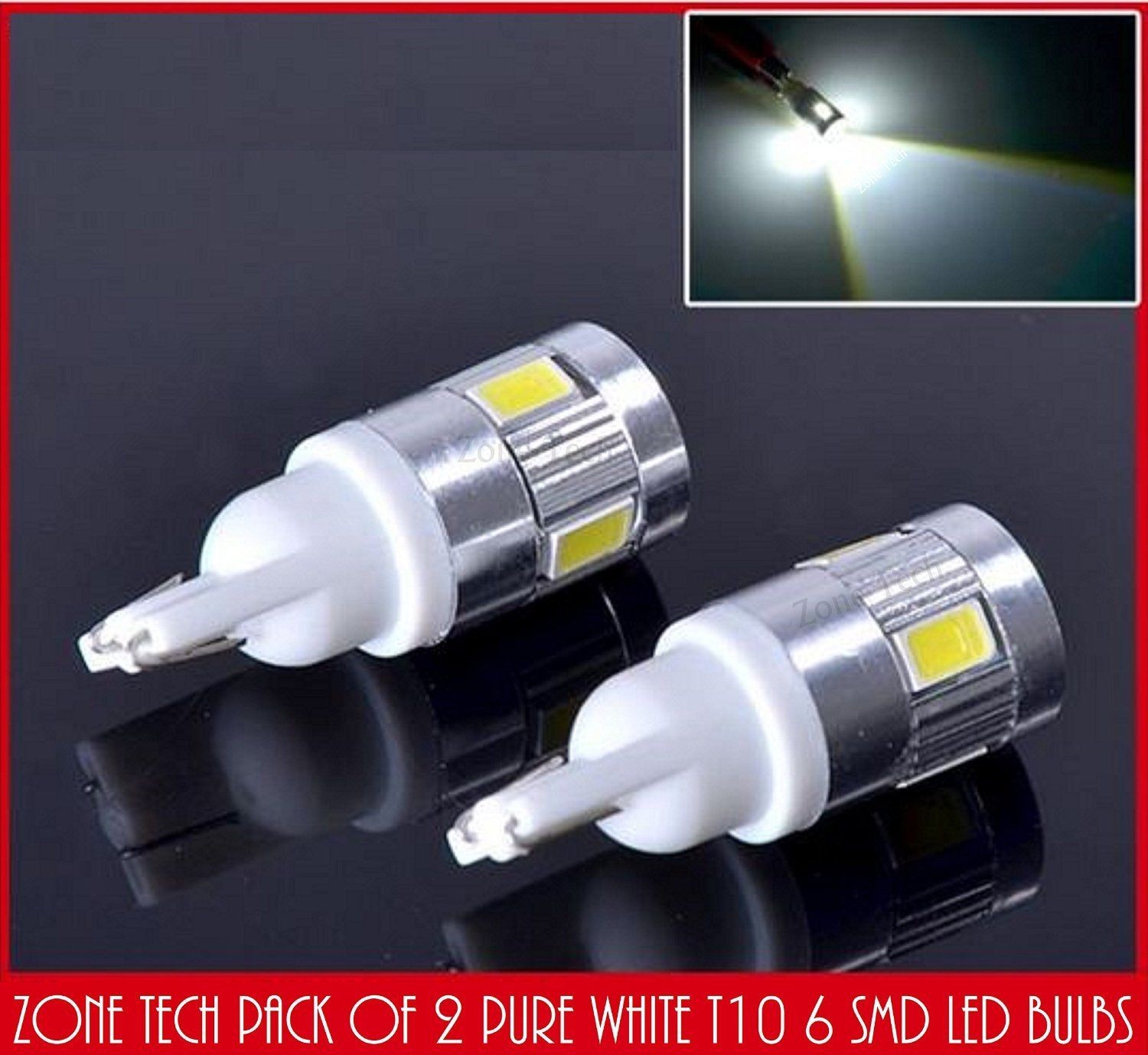 Zone Tech 2x 6 SMD High Power 6000K White Back Up Reverse LED Light Bulb Lamps