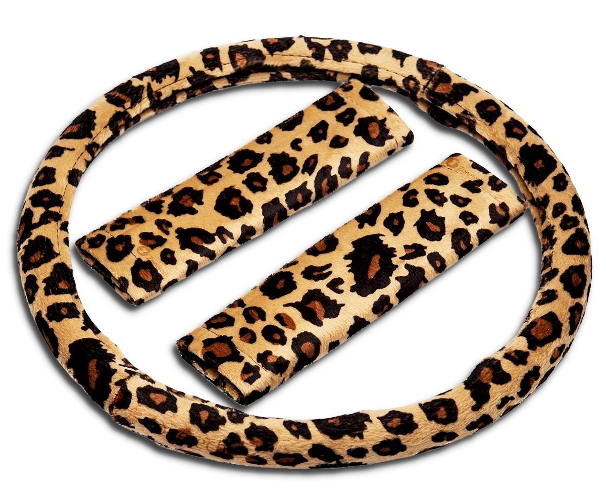 Cheetah Sheepskin Steering Wheel Cover+ Seat Belt Cover