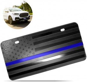 Zone Tech Tactical USA Flag License Auto Car Tag Plate with Thin Blue Line- Premium Quality Thick Durable Embossed Monochrome Novelty Great American Patriotic Gift - Pledge of Allegiance