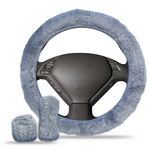 Blue Sheepskin Steering Wheel Cover+ Emergency Brake Cover+ Clutch Cover