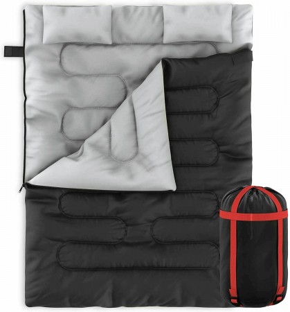 Zone Tech Travel Camp Sleeping Bag - Extra Large Premium Quality Queen Size Sleeping Bag Easily Converts into 2 Single with 2 Extra Pillows Camping, Hiking, Backpacking & Outdoors