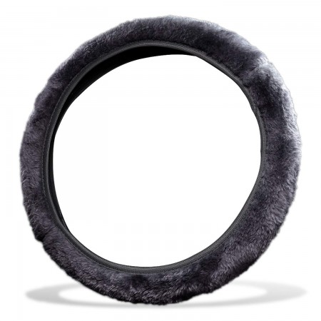 Gray Stretch On Faux Sheepskin Steering Wheel Cover