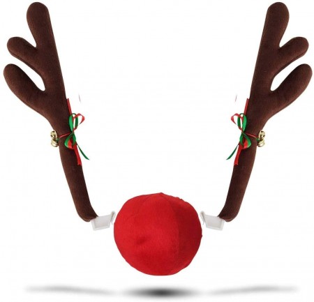 Zone Tech Christmas Car Reindeer Antlers and Nose Set - Premium Quality Window Roof-Top and Grille Rudolph Car Accessory Jingle Bell Antlers and Nose Car Costume Decoration Set for Holiday
