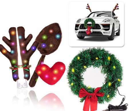 Christmas Car Reindeer Antlers Kit Reindeers Antlers, Heart Nose and Tail with LED Lights and Bells, Car Christmas Wreath Decoration with Led Lights Premium Quality Christmas Accessories for SUV Truck