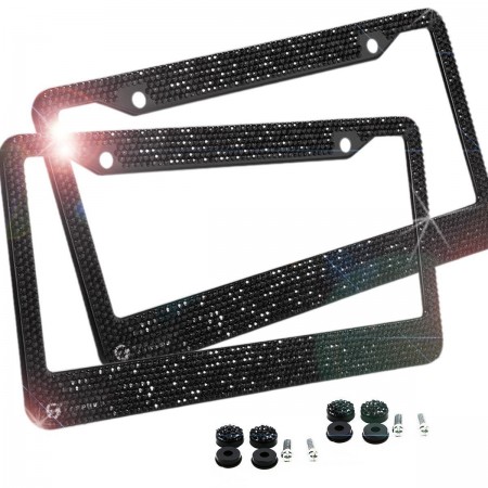 Zone Tech 2x Metal License Plate Frame Bling Rhine Stones Black Crystal Diamond